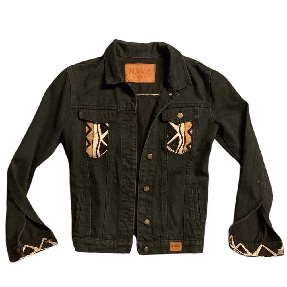 Denim Jacket Womens Southwest Aztec Print Boho Black Jean Coat Medium?